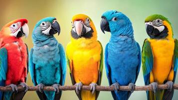 Five colorful macaws perching on a branch photo