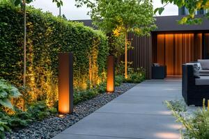 Modern garden design illuminating pathway with warm light and lush greenery photo