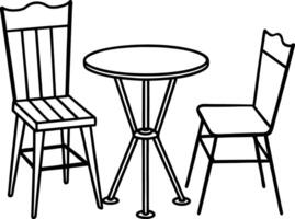 Simple Table with Two Chairs Outline, Black Lines on White Background, Minimalist Design vector