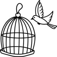 Simple Line Art of a Bird Flying Away from Birdcage with Black and White Fill vector