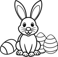 Outline Bunny With Decorated Eggs Black and White Line Art, Easter Elements vector