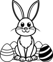 Cute Black and White Line Art Bunny with Easter Eggs For Kids Design vector