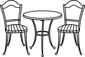 Line art drawing of round table with two chairs with simple, minimal design vector