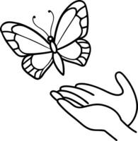 Minimalist Design Butterfly Outline Flying from Open Hand, Black and White, Line Art vector