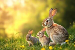 Rabbits sitting in a sunny meadow surrounded by wildflowers duri photo