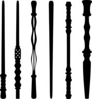 Collection of Black Silhouette Magic Wands Wizardry, Mystical Elements on White vector