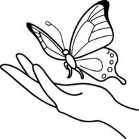 Butterfly on Hand Outline, Monochrome Sketch Style, Detailed Wings, Minimalist Design vector