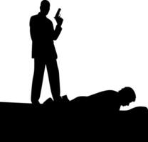 Silhouette of Armed Man Standing Over Prostrate Figure with Gun Pointed Upward vector