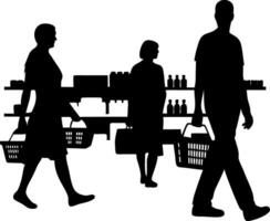Black Silhouette of People Walking with Baskets Handbag Passing Shelves With Goods vector