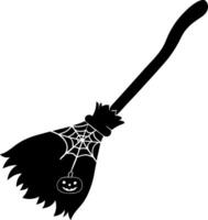 Witch Broom Silhouette With Spiderweb and Pumpkin Charm, Black White Halloween Art vector