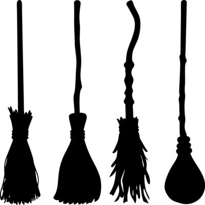 Halloween Silhouette Four Black Witch Broomsticks Isolated on White Background