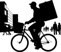 Silhouette of Male Cyclist on Bicycle in Urban Setting With People Walking Around vector