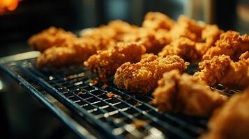 Close-up view of succulent chicken wings cooling on a rack photo