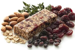 Protein bar with cherries, almonds, oats and thyme maintaining healthy lifestyle photo