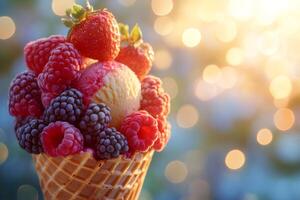 Ice cream cone overflowing with fresh berries and bokeh lights photo