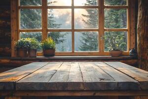 Empty wooden table illuminating by sunlight from window in log cabin photo