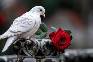 White dove resting near red rose on stone pedestal photo