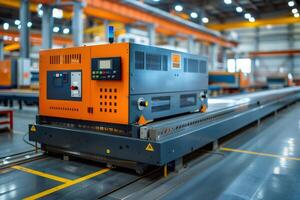 Automated guided vehicle moving along production line in modern factory photo