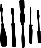 Silhouette of Five Screwdrivers Standing Upright on a White Background, DIY Tools vector