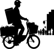 Silhouette of Cyclist with Bags and Helmet in Cityscape Background with Pedestrians vector