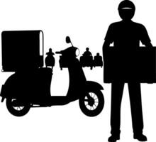 Scooter Silhouette with Box, Helmet, and Man Holding Package in Black on White vector