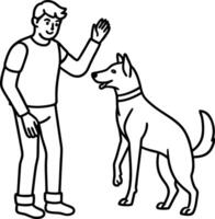 Outline drawing of Caucasian man raising hand with dog on hind legs, minimal design vector