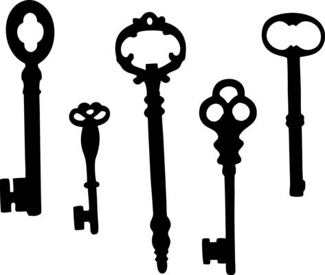 Antique Keys Silhouette, Vintage Style, Ornate Shapes, Isolated on White Background