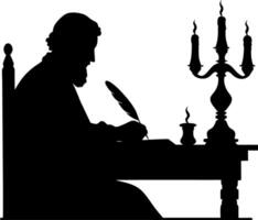 Silhouette Of Mature Scribe Writing with Quill Pen at Desk By Candles and Inkpot vector