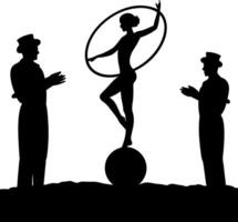Silhouette of Agile Female Acrobat Balancing on Ball, Rotating Hoop, Men Applauding vector