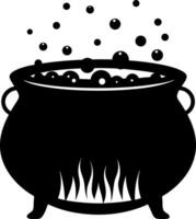 Black silhouette of a cauldron with potion bubbling, and flames beneath it art vector