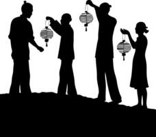Group of Asian People Holding Paper Lanterns in Silhouette against White Background vector