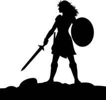 Silhouette Of Female Warrior Standing with Sword and Shield in an Isolated Backdrop vector