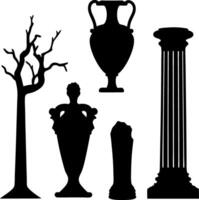 Ancient Silhouette Collection Greek Column, Pottery, Tree, Ruin on White Background vector