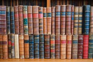 Old books standing in a row on a wooden shelf in the library photo