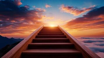 Stairway to heaven leading above clouds at sunset with mountain view photo