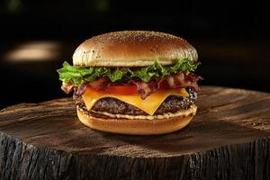 Delicious burger with bacon, lettuce, tomato, and cheese resting on rustic wooden surface photo
