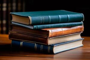 Stack of antique books resting on wooden table with library backdrop photo