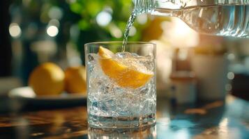 Bartender pouring sparkling water into glass with ice and lemon slice on bar counter photo