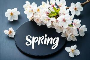 Spring flowers on dark background with spring text photo