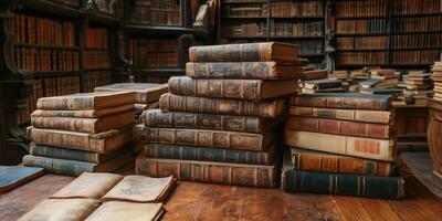 Stacks of old books showing centuries of history in a library photo