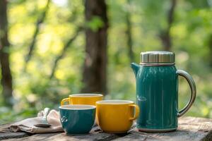 Enjoying a refreshing drink in nature with coffee pot and mugs photo