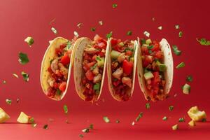 Four delicious tacos floating on a red background with falling ingredients photo