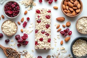Homemade granola bar with oats, almonds and dried cranberries surrounded by its ingredients photo