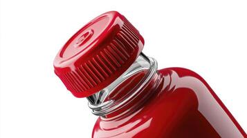 Two Red Ketchup Bottles Laying Side by Side on White photo