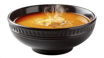 Hot Tomato Soup in Bowl With Herbs Isolated on White photo