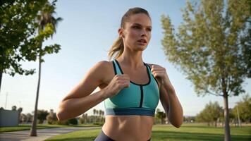 Action shot of a model adjusting a supportive sports bra outdoors emphasizing movement and functionality in sportswear photo