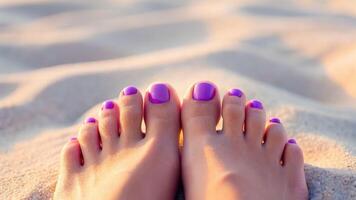 Relaxing beach scene with purple toenails in soft sunlight sandy shore closeup view serenity concept photo