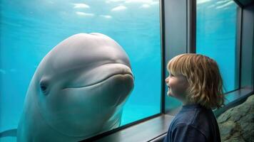 Interactive moment with a beluga whale aquarium child's expression underwater environment close-up view marine connection photo