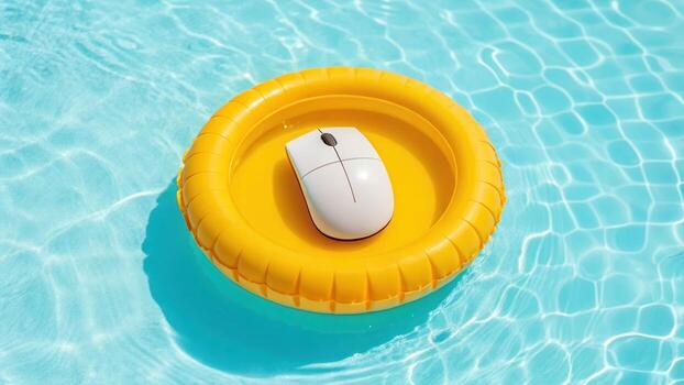 Playful scene with a computer mouse on a miniature pool toy in a kiddie pool bright and fun setting photo
