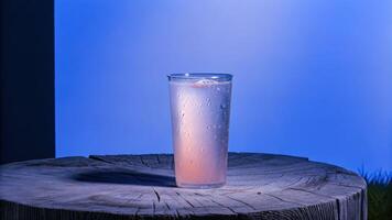 Refreshing cold lemonade with drip and crease on rustic table outdoor beverage photography relaxing atmosphere photo